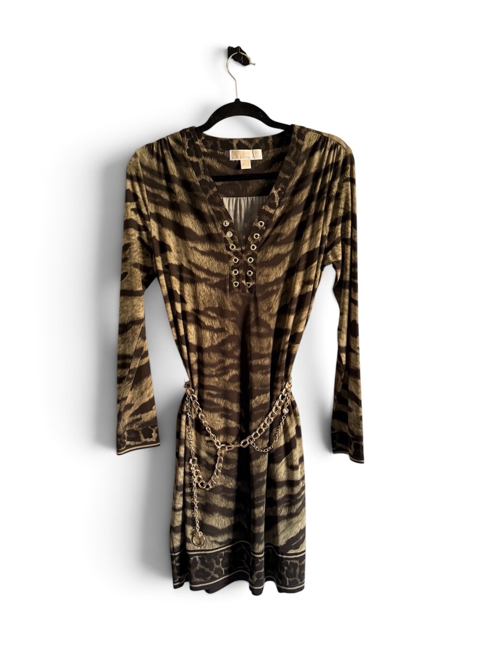 Michael Kors Olive and Black Tiger-Print Long Sleeve Mini Dress
